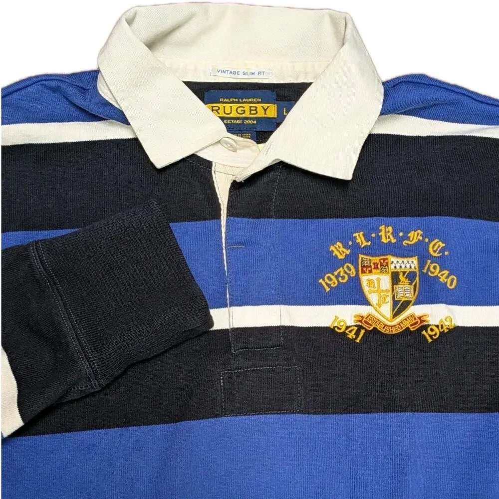 Vintage Ralph Lauren Rugby Long Sleeve Shirt RARE 2005 Crest Large Slim Striped
